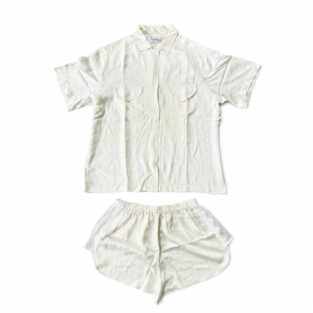 Vintage Treesha Ivory Silk Lace Trim Pajama Short Set Women’s Size M